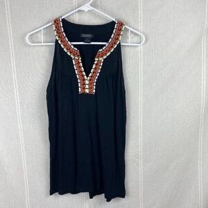 Lucky Brand Boho Sleeveless Top Black with Orange & White Embroidery Sz Small